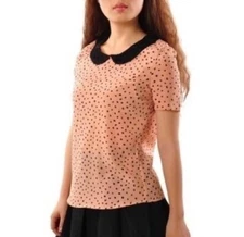 Vintage Zara Lace Peter Pan Collar Peach & Black Printed Button Down Back Blouse