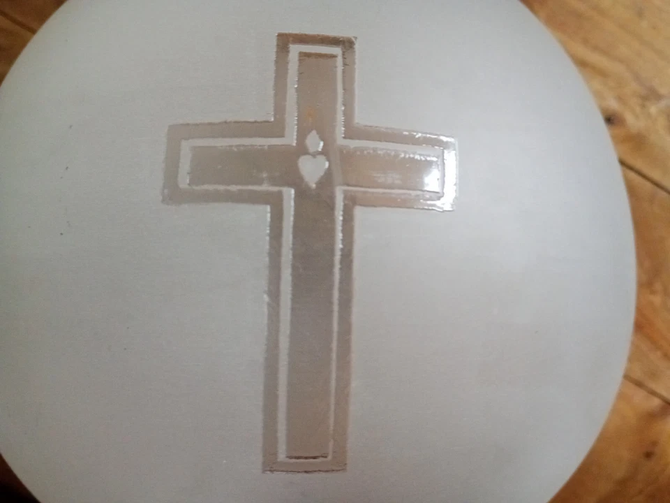 Globe Verre Givré - Croix Sacré Cœur - Lampe Pétrole - cerclage métal - Photo 2/4