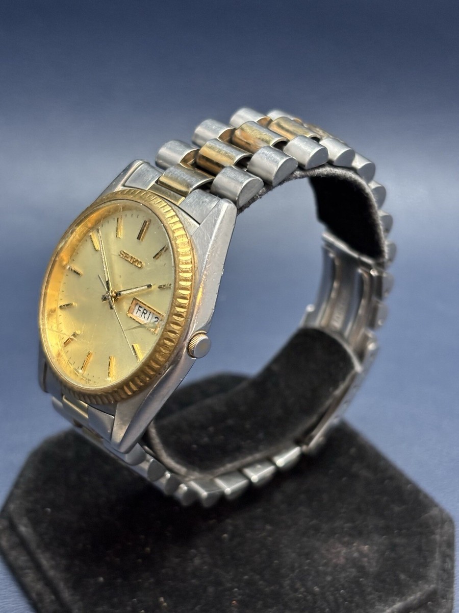 7SECONDS ヴィンテージ Vintage Seiko Men 7N43-8111 Jubilee Day Date Two Tone Quartz 34mm