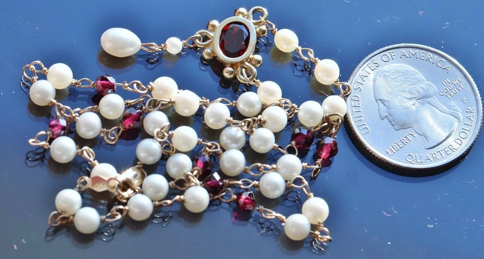 14k yellow gold necklace 0.95ct cultured pearl garnet amethyst bead 16.5"  8.0g - Image 4 of 4