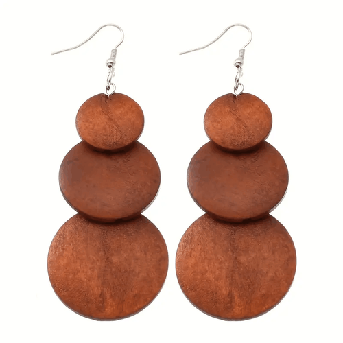 Women Retro Elegant Brown 3 Circle Design Dangle Earrings Wooden Jewelry Trendy - Picture 3 of 3