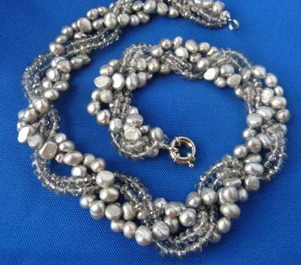 4 пряди 7-8 мм серый пресноводный барокко жемчуг и граненый кристалл ожерелья 18'' - Изображение 2 из 2