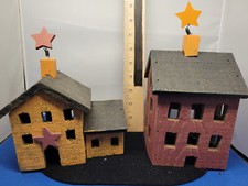Wooden Buildings School and Church Set of 2 Hand Built Hand Painted 364