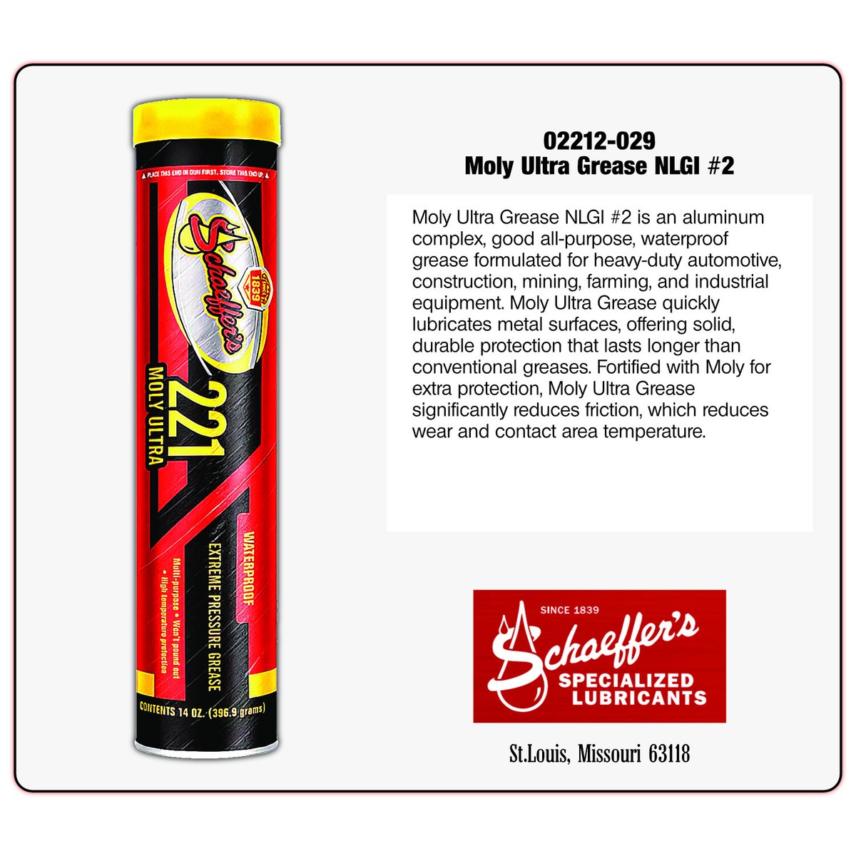 Schaeffer 02212-029 Moly Ultra Grease NLGI #2 - 14oz - 30-tube