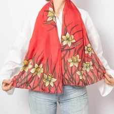 Daffodil Hand Painted Silk Scarf Red Silk Scarf Mother Day Gift Spring Scarf