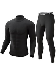 Mens Thermal Long Johns Set, Fleece Lined, Cold Weather, Black, X-Large