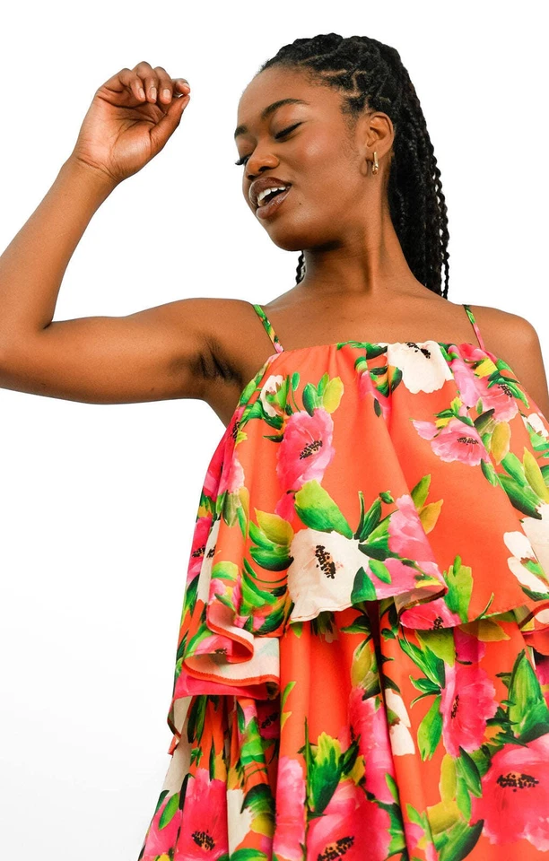 Forever Unique Womens Orange Floral Print Midaxi Dress Square Neck RRP £160 — 第 4/4 张图片