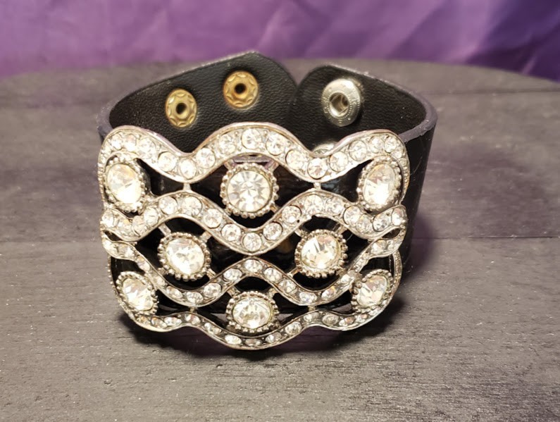 Statement Cuff Genuine Black Leather Rhinestone B… - image 1