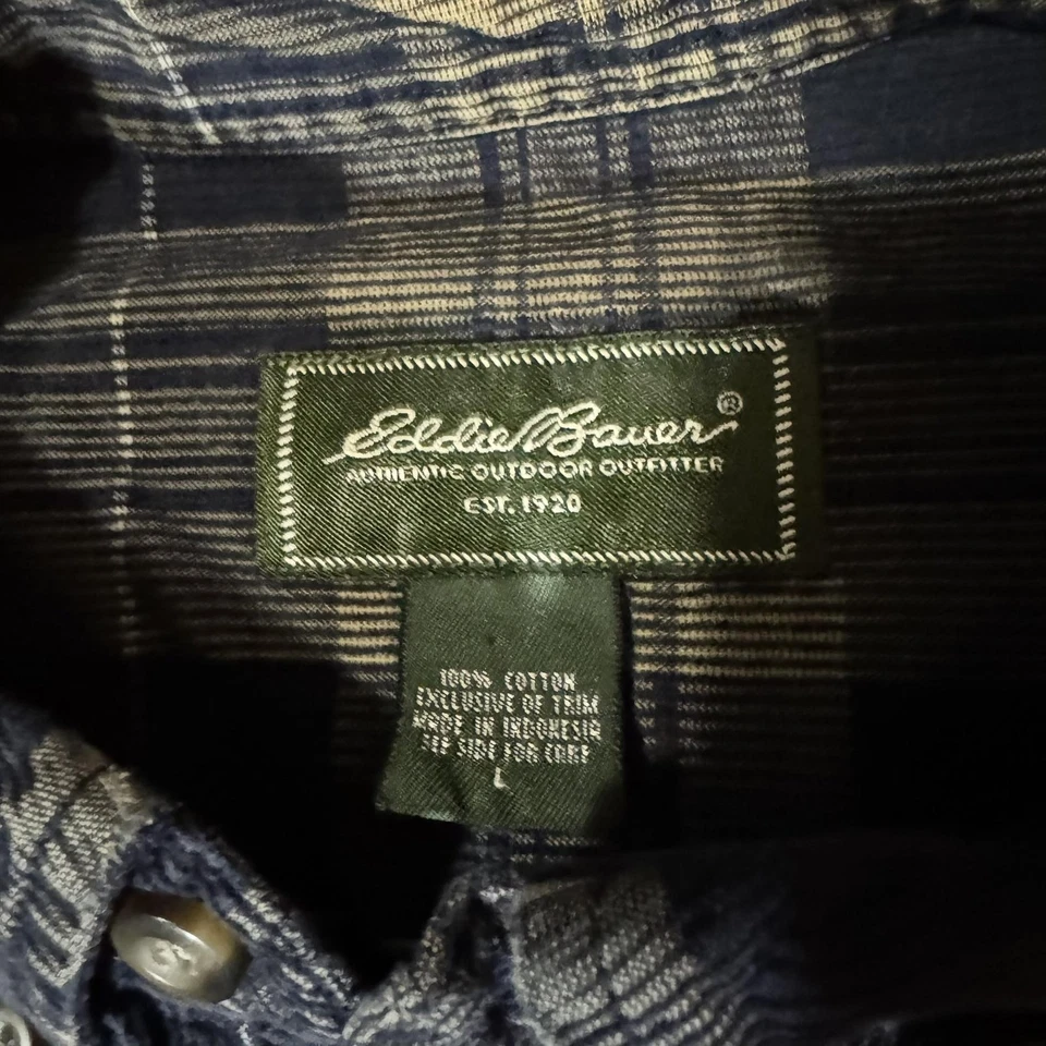 Camisa Eddie Bauer Para Hombre Grande Azul Marino Caqui Cuadros Cuello Abotonado Manga Larga Foto 4 de 4