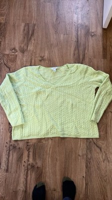 Bright Lime chartreuse Cable Knit V-Neck Sweater 2x lambswool cashmere blen