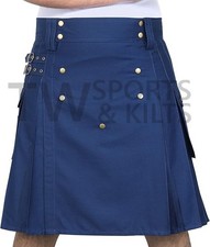 Men's Blue Utility Kilt Made Of Cotton Material Two Side Pockets Front Button