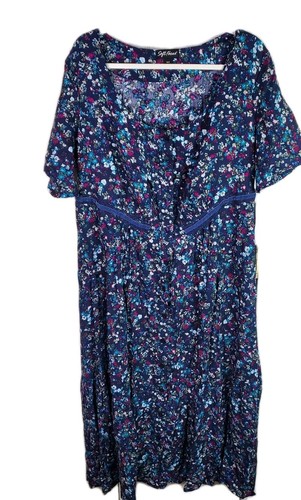 Soft Focus Women 16W Navy Blue Floral Maxi Dress Short Sleeve Button Pockets