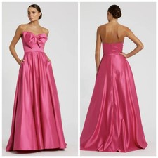 Pink Square Neck Strapless A-line Ball Gown with Bow Pocket Satin Evening Dress