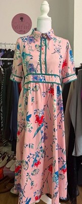 Damen Hemdblusenkleid rosa Blumenmuster Midi Kurzarm Kragen Knopfleiste
