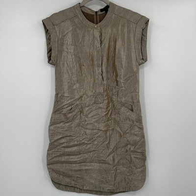 J Crew Shiny Gold Metallic Crinkle Texture Cap Sleeve Shift Dress Pockets Size 2