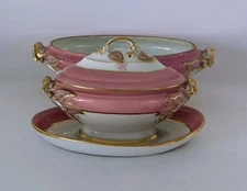 Pair Old Paris Porcelain Monogram Pink & Gold Sauce Tureen & Vegetable Gold Vine