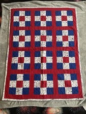 Vintage Hand Stitched Patchwork Quilt Cotton Red White Blue 50" X 39"