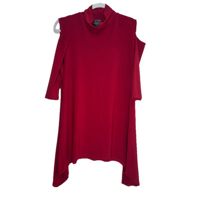 Clara Sun Woo Tunic Top Shirt Women s M Red Asymmetrical Hem Stretch Lagenlook