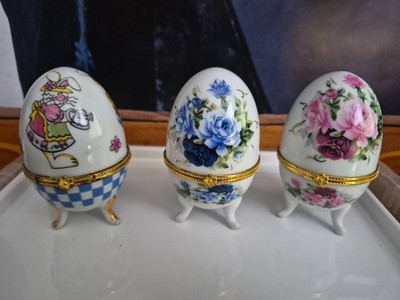 3 x Schmuckschatulle in Eierform, Osterhase, blaue Rosen & rosa Rosen