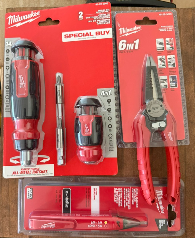 Set 3 NEW Milwaukee Wire Stripper Pliers Voltage Detector Ratcheting Screwdriver