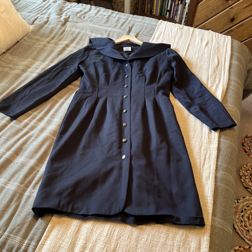 Vintage Laura Ashley Wool Sailor Dress Navy Pleated Button Front - Image 3 of 4