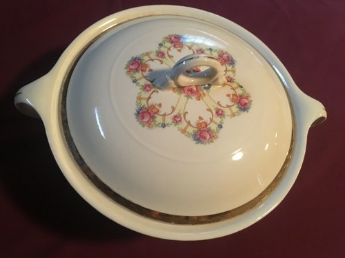 Vintage 1940s American Limoges Vegetable Serving Bowl & Lid 22K Gold Fortune - Foto 8 di 12