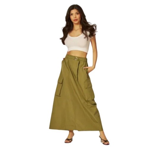 Maxi Cargo Skirt Elastic Waist Olive Green Pockets Casual Everyday Size Medium