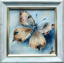 Original Oil Painting Butterfly Framed Miniature Signed Art 4x4 in Gift for Her
