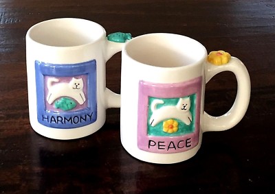 Clay Art Set of Two Coffee Mugs CATS Peace Harmony 1994 Excellent Condition
