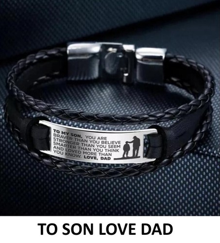 Son Daughter Gift Bracelet Black Leather Wrist Band Wrap Bangle From Mom Or Dad - Picture 10 of 12