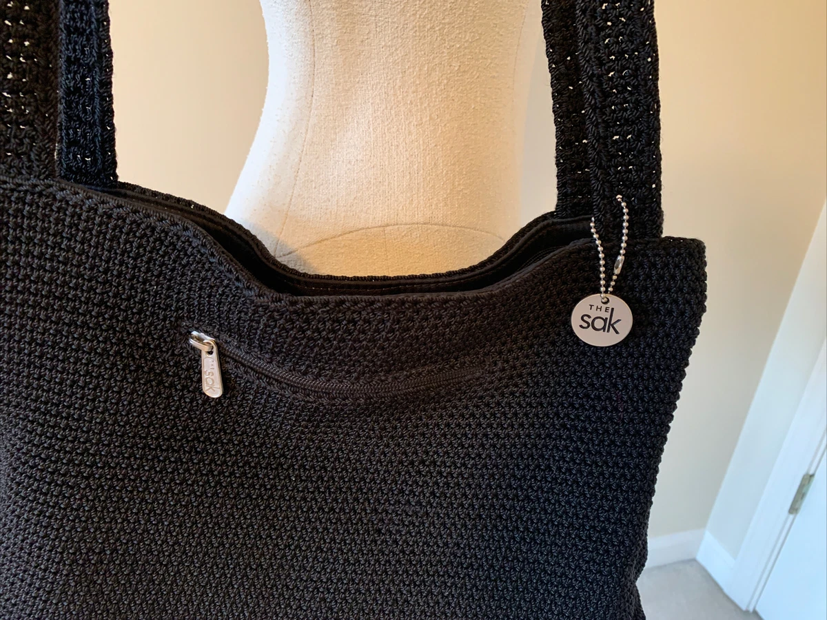 Sak Crochet Purse Black Double Handle Large Zip Top Shoulder Bag Tote  Shopper | eBay