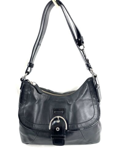 COACH Soho F19580 Black Leather Medium Flap Duffle Shoulder Bag Buckle - Picture 1 of 11