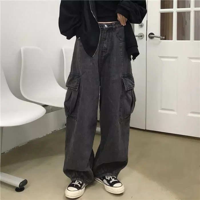 Women Korean Fashion Oversized Pockets Cargo Denim Pants Wide Leg Cute  Trousers