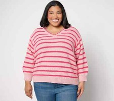 Isaac Mizrahi Live 3/4 Sleeve Textured Multi Stripe Sweater-Pink-2X-NEW-A640757