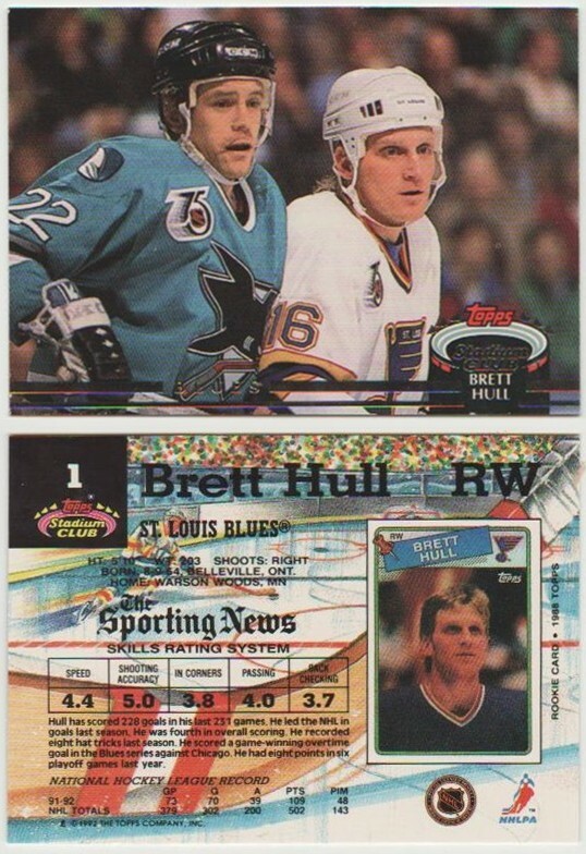 BRETT HULL - 1992 STADIUM CLUB # 1 - ST. LOUIS BLUES RIGHT WING - HALL OF FAME 