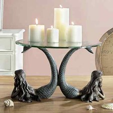 Stunning Aluminum Coastal Mermaid Duet Glass Table Server/Candleholders