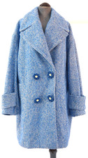 Blue Winter Coat Flower Button Savida Double Breasted Retro Style Size L New