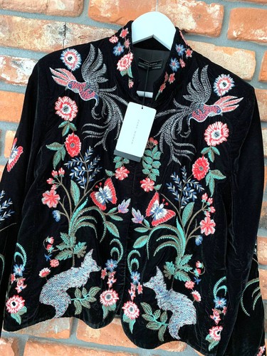 A856 ZARA VELVET BLAZER BLACK EMBROIDERED FLORAL KIMONO COAT JACKET MEDIUM - M - Picture 21 of 24