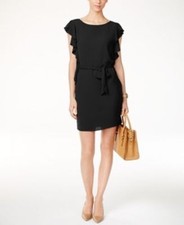 Michael Kors Belted Ruffled Sleeve Sheath Black Color Dress Size P sale