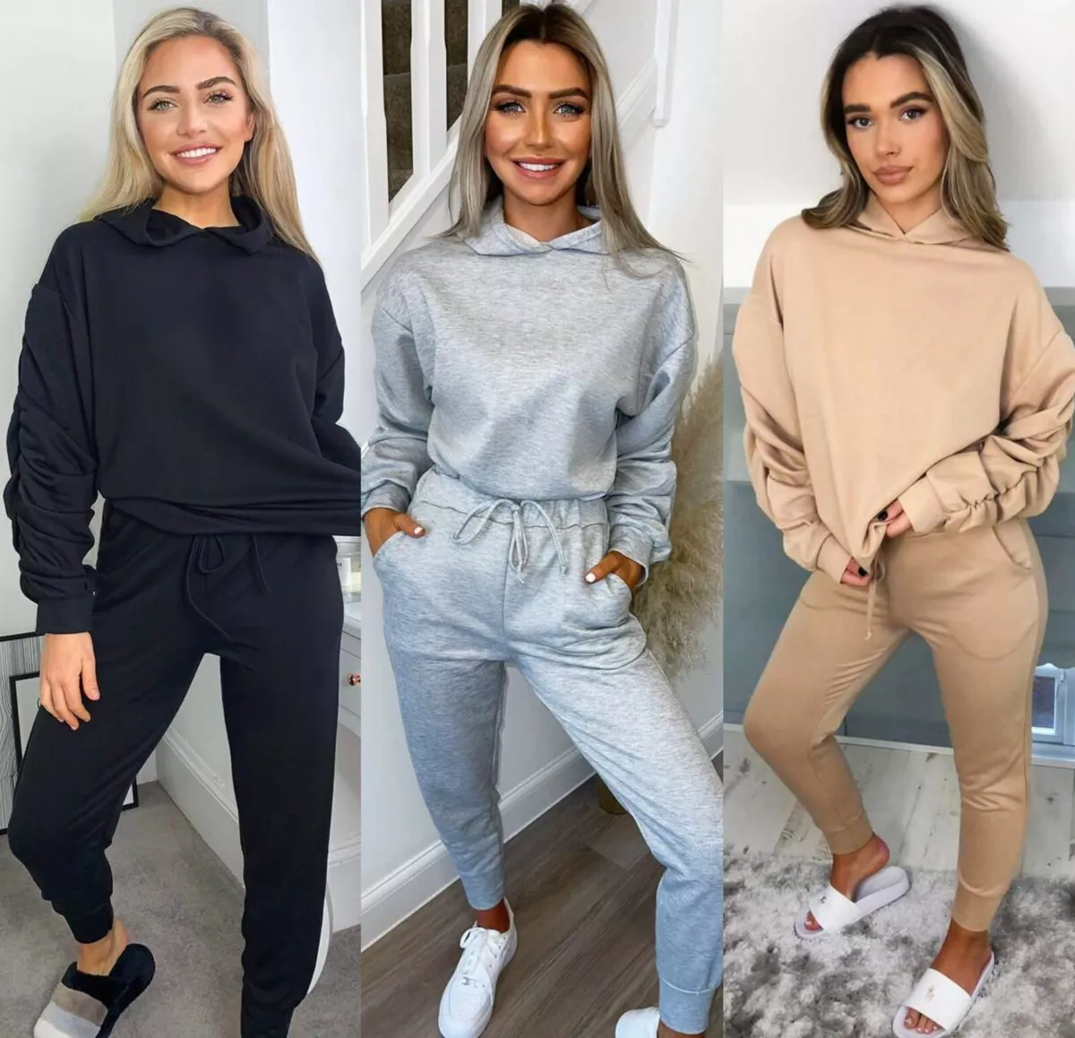 Women s Ruched Sleeve Hooded Lounge Wear Ladies Two Piece Jogging