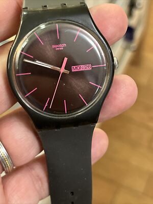 Swatch watch AG 2010 41mm Black with pink indices day date new 