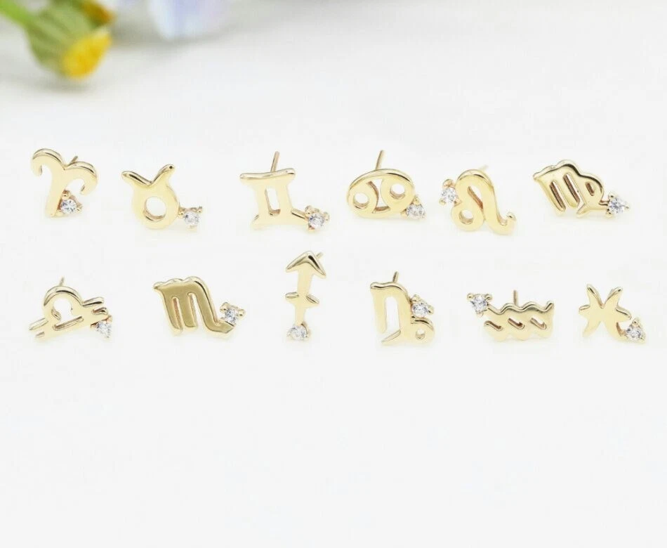 Серьги-гвоздики из чистого золота 14 карат с зодиакальным хрящом крошечные серьги-гвоздики с бриллиантами для женщин. - Изображение 4 из 4