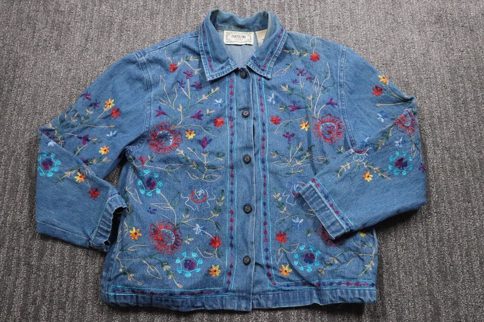 Tantrums Vintage Denim Jacket Floral Embroidered Boxy Fit Outdoor Women's S