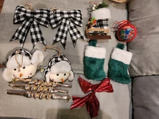 Set of 12 Christmas Ornaments Ribbon Skate Ball Snowman Head Sock