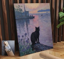 Cat Porait Black Sitting Log Looking Out Lake CANVAS WALL ART 24x30 in