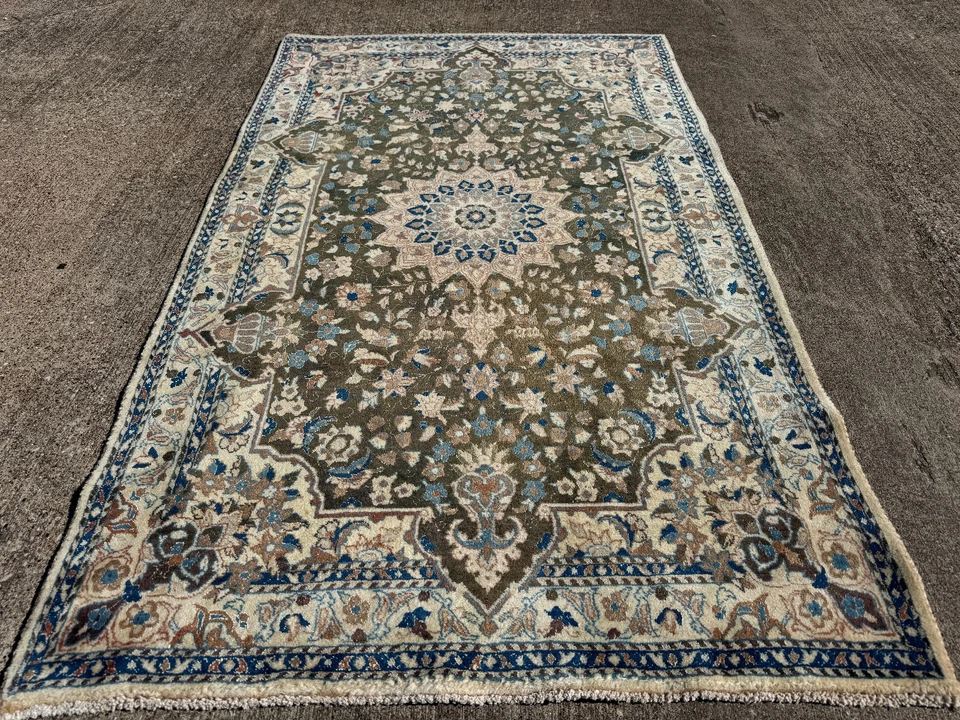 ALFOMBRA ORIENTAL ANTIGUA VERDE 4x6 anudada a mano vintage hecha a mano lana de seda fina antigua Foto 3 de 4