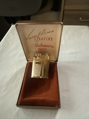 Vtg Gold Toned RonsonVaraflame Starfire Lighter Skyscraper ArtDeco Original Case