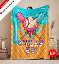 Custom Baseball Drip Flannel Blanket – Personalized Name Gift