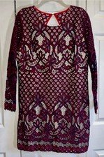 BooHoo Dress Crochet Long Sleeve Nude Lining Open Back Zip Button Burgundy Sz 18