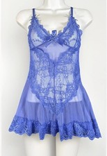 Oh L&aacute; L&aacute; Ch&egrave;ri Paris Babydoll PERIWINKLE BLUE Lace Sheer Lingerie Set Size M NEW